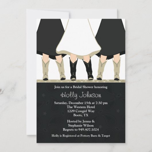 Westerne Boots Bridal Shower Invitation Black Taup Kaart (Voorkant)