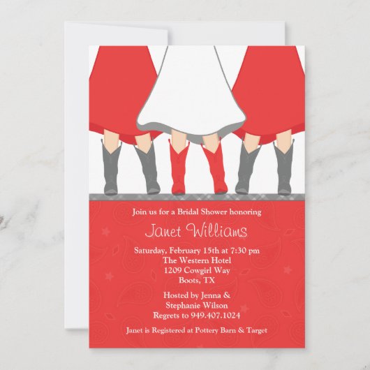 Westerne Boots Bridal Shower Invitation Red Kaart (Voorkant)