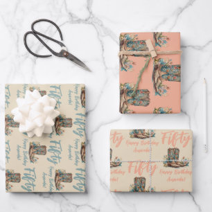 Westerne Boots Floral 50e verjaardag Inpakpapier Vel