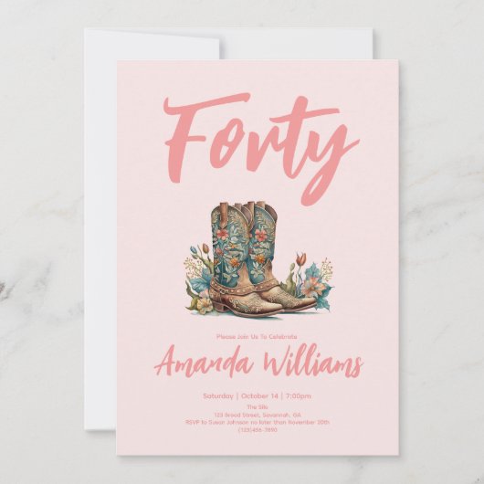 Westerne Boots Floral Fortieth Birthday Kaart (Voorkant)