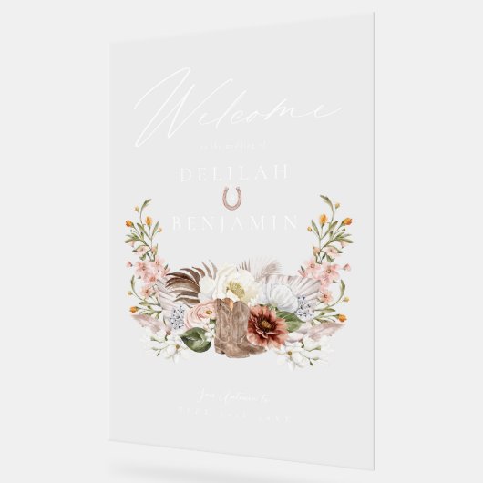 Westerne bruiloft Boho Floral Foto Crest Hoefijzer Acryl Bord (Hoek)