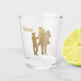 Westerne bruiloft Cowboy Groom Cowgirl op paard Shot Glas