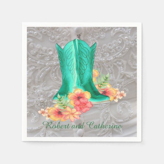 Westerne bruiloft cowboy laarzen bloemen aangepast servet (Voorkant)