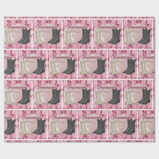 Westerne bruiloft cowboylaarzen en roze bloemen cadeaupapier (Vlak)