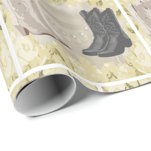 Westerne bruiloft-cowboylaarzen en witte bloemen cadeaupapier (Rol Hoek)