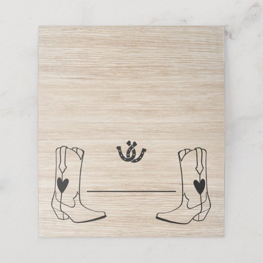 Westerne bruiloft cowboylaarzen rustiek bruin hout plaatskaartje (Buitenkant ongevouwen)