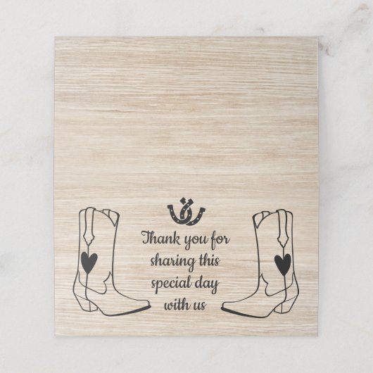 Westerne bruiloft cowboylaarzen rustiek bruin hout plaatskaartje (Buitenkant ongevouwen)