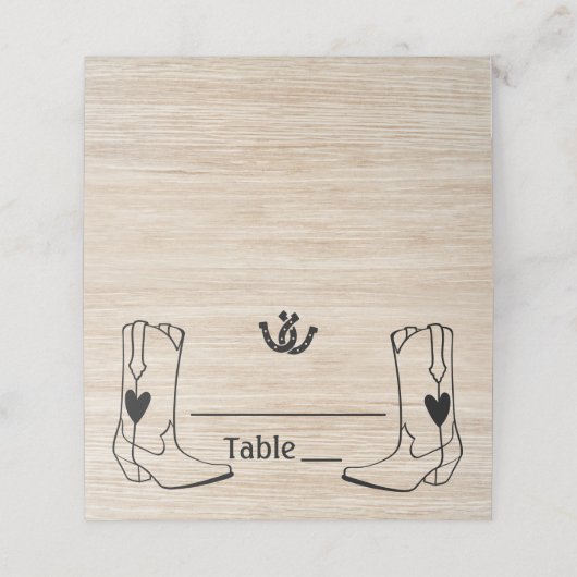 Westerne bruiloft cowboylaarzen rustiek bruin hout plaatskaartje (Buitenkant ongevouwen)