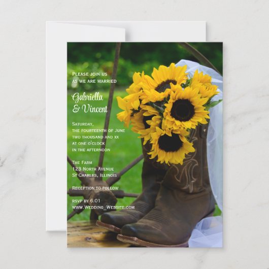 Westerne bruiloft met bijtende zonnebloemen en cow magnetische uitnodiging (Voorkant)