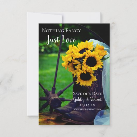 Westerne bruiloft met bijtende zonnebloemen en cow save the date (Voorkant)