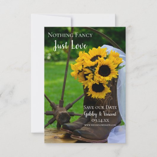 Westerne bruiloft met bijtende zonnebloemen en cow save the date (Voorkant)