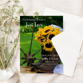 Westerne bruiloft met bijtende zonnebloemen en cow save the date