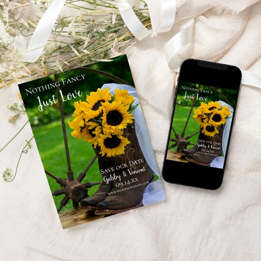 Westerne bruiloft met bijtende zonnebloemen en cow save the date