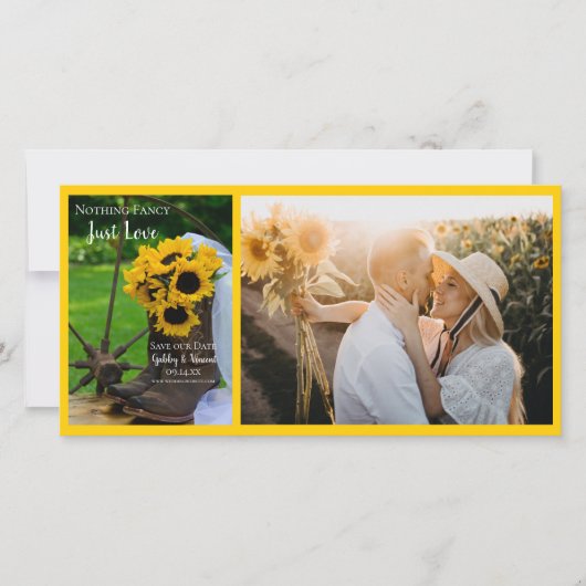 Westerne bruiloft met bijtende zonnebloemen en cow save the date (Voorkant)