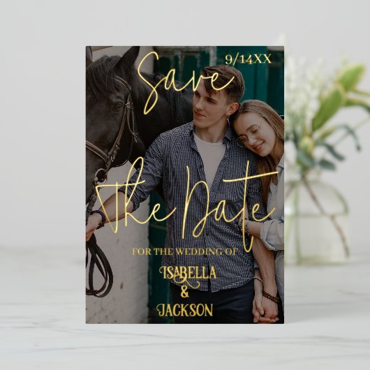 Westerne bruiloft slaat de datum op folie feestdagenkaart (Staand Voorkant)