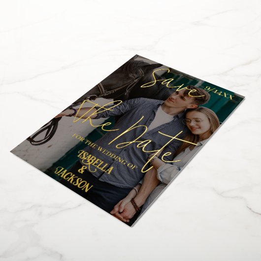 Westerne bruiloft slaat de datum op folie feestdagenkaart (Gedraaid)