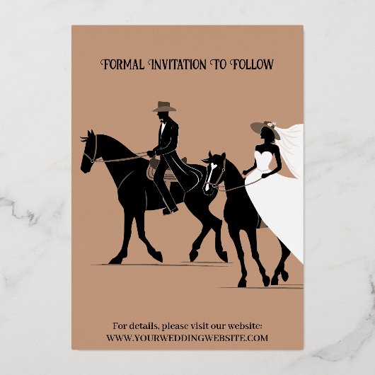 Westerne bruiloft slaat de datum op folie feestdagenkaart (Achterkant)