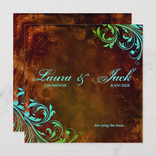 Westerne bruiloft Uitnodiging bruin Blauw (Voorkant / Achterkant)