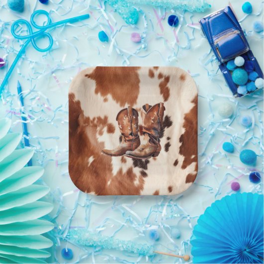 Westerne bruine crème cowboylaarzen papieren bordje (Feest)