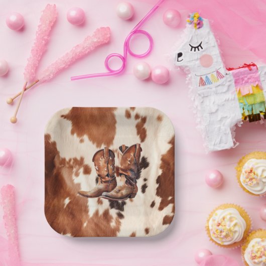 Westerne bruine crème cowboylaarzen papieren bordje (Feest)