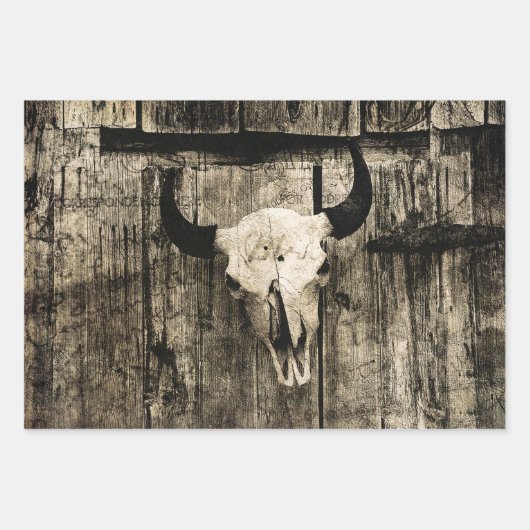 Westerne Bull Skull  Barn Brown Wood Rustisch Inpakpapier Vel (Voorkant 2)