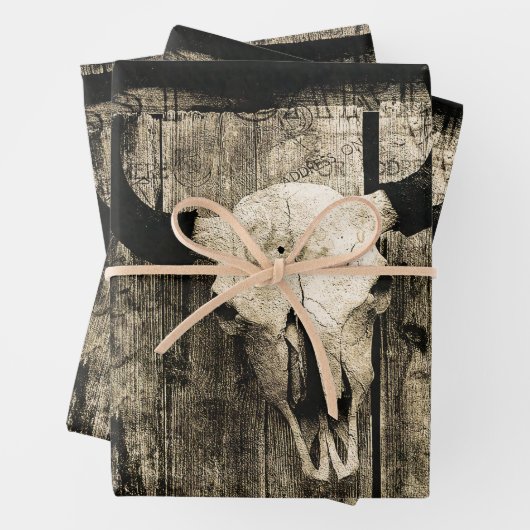 Westerne Bull Skull  Barn Brown Wood Rustisch Inpakpapier Vel (In situ)