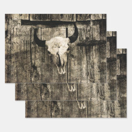 Westerne Bull Skull  Barn Brown Wood Rustisch Inpakpapier Vel