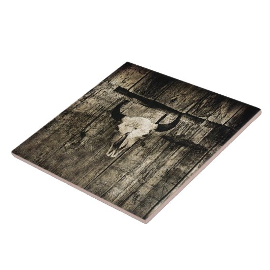 Westerne Bull Skull Barn  Sepia Rustic Wood Tegeltje (Zijkant)