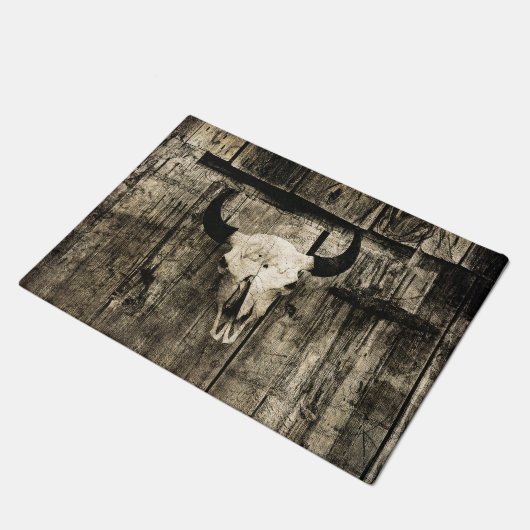 Westerne Bull Skull Barn Wood Sepia Rustisch Deurmat (Schuin)