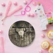 Westerne Bull Skull Barn Wood Sepia Rustisch Papieren Bordje (Feest)