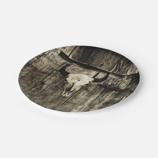 Westerne Bull Skull Barn Wood Sepia Rustisch Papieren Bordje (Gekanteld)