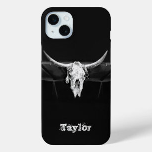 Westerne bull Skull Black en White Old Rustic iPhone 15 Mini Hoesje