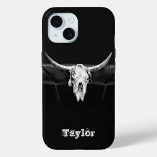 Westerne bull Skull Black en White Old Rustic iPhone 15 Case