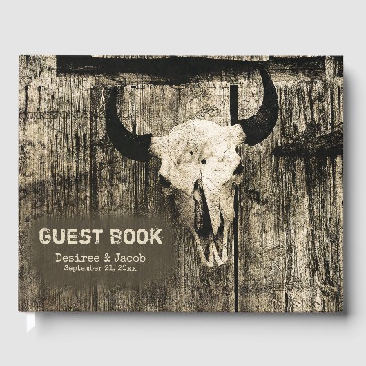 Westerne Bull Skull Bruine Barn Wood Rustig Gastenboek (Voorkant)