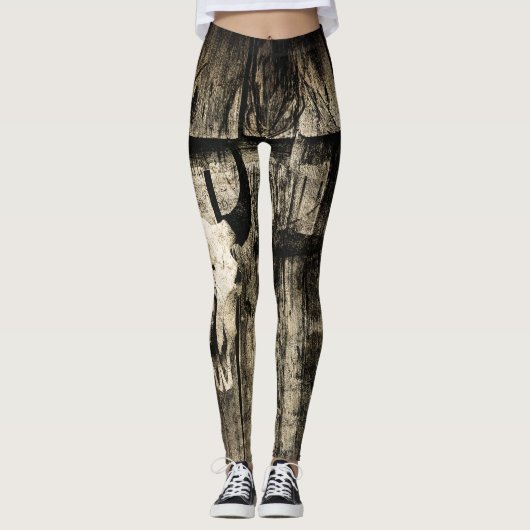 Westerne Bull Skull  Bruine Barn Wood Rustig Leggings (Voorkant)