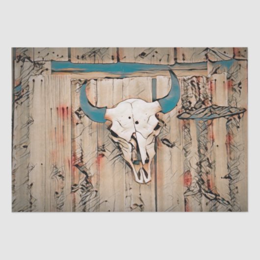 Westerne Bull Skull Rustic Barn Blauwgroen bruine  Tissuepapier (Voorkant)