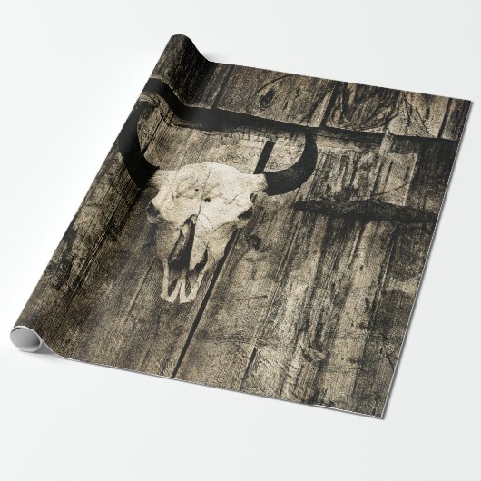 Westerne Bull Skull Rustic Barn Wood Sepia  Cadeaupapier (Uitgerold)