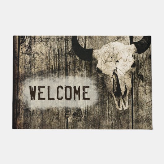 Westerne Bull Skull Sepia Rustic Welkom Deurmat (Voorkant)