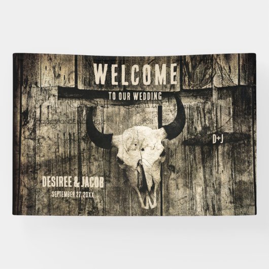 Westerne Bull Skull  Sepia Rustic Welkom Spandoek (Horizontaal)