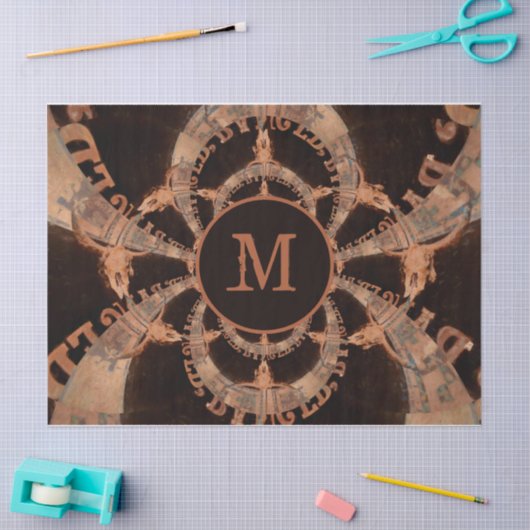 Westerne Bull Skull  Sepia Rustige Monogram Tissuepapier (Craft)