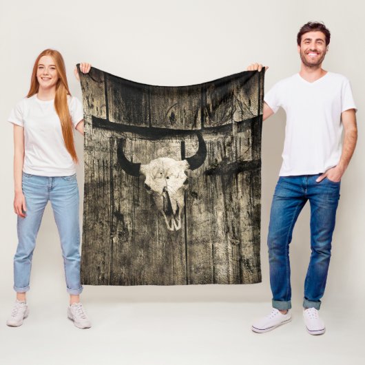 Westerne Bull Skull Wood Barn Sepia Rustic Fleece Deken (In situ)