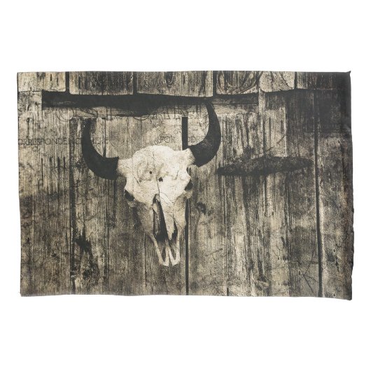 Westerne Bull Skull Wood Barn Sepia Rustisch Kussensloop (Voorkant-Links)