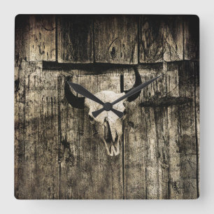 Westerne Bull Skull Wood Barn Sepia  Rustisch Vierkante Klok