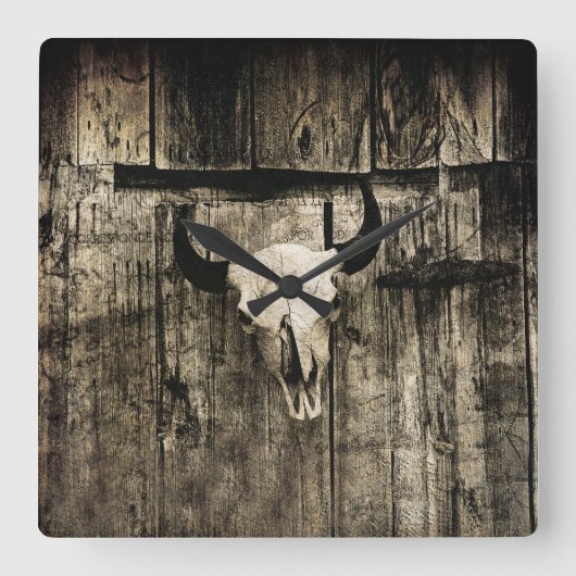 Westerne Bull Skull Wood Barn Sepia  Rustisch Vierkante Klok (Voorkant)
