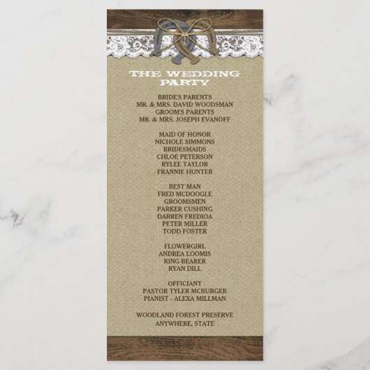 Westerne Burlap and Lace Hoefijzer Wedding Program Programmakaart (Achterkant)