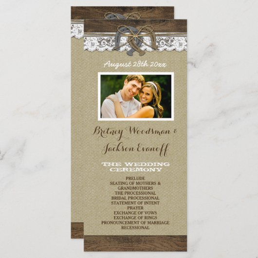 Westerne Burlap and Lace Hoefijzer Wedding Program Programmakaart (Voorkant / Achterkant)