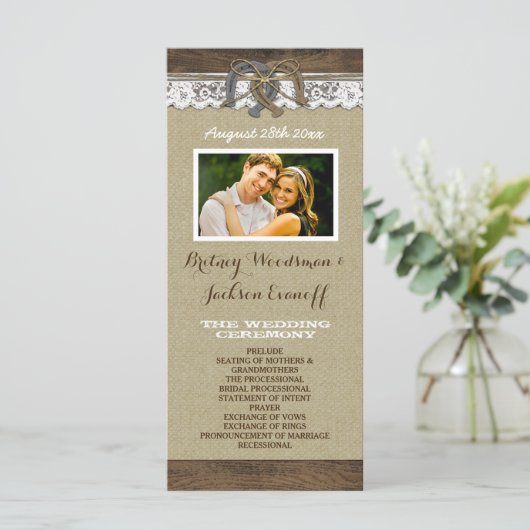 Westerne Burlap and Lace Hoefijzer Wedding Program Programmakaart (Staand voorkant)
