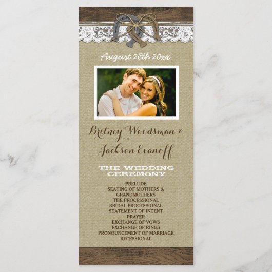 Westerne Burlap and Lace Hoefijzer Wedding Program Programmakaart (Voorkant)