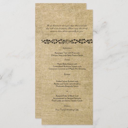 Westerne Burlap Bruiloft Menu (Voorkant / Achterkant)