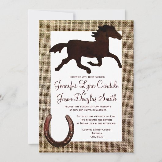 Westerne Burlap Cowboy Horse Hoefijzer Wedding Kaart (Voorkant)